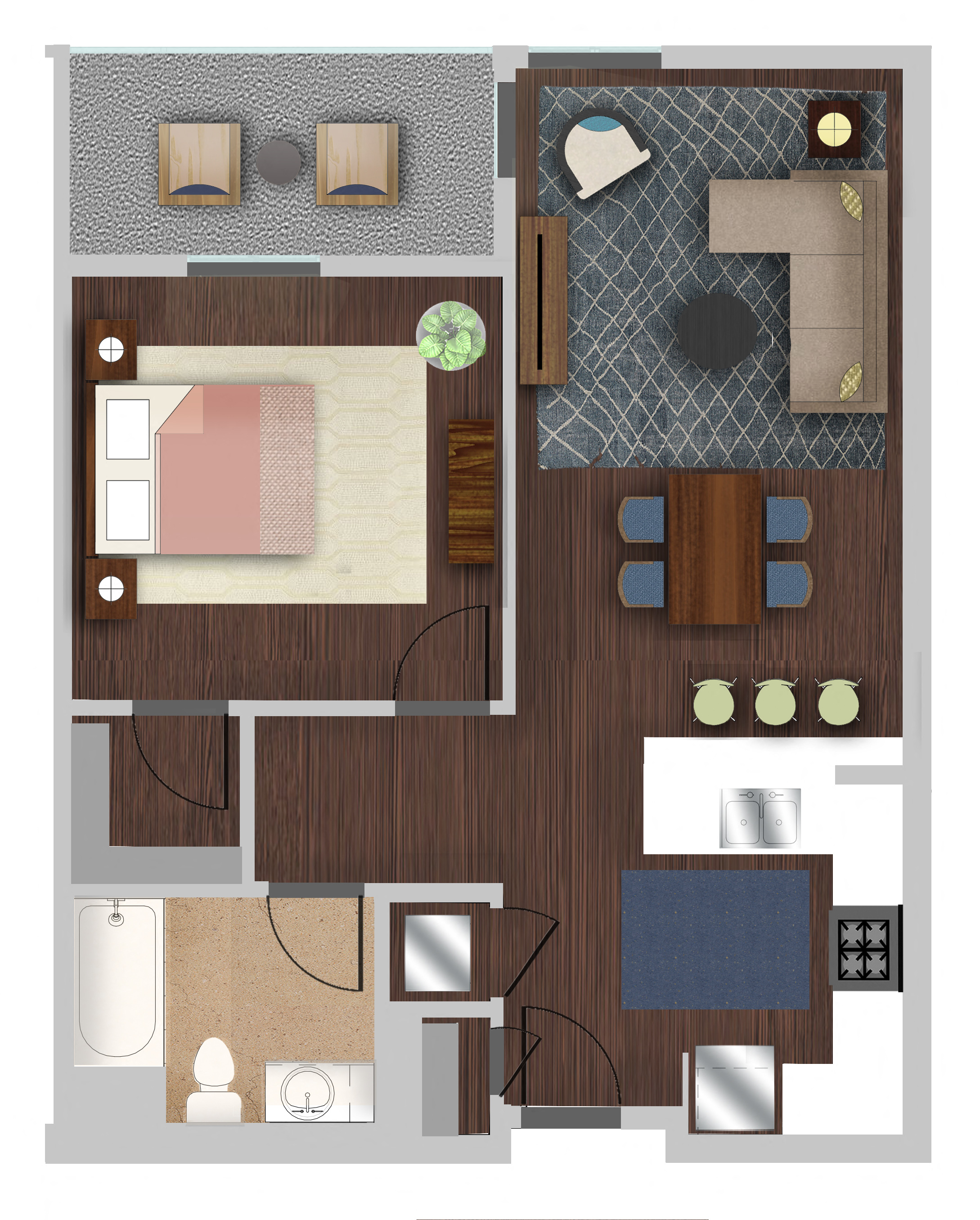 Floor plan for 1 bed, 1 bath, 763 sqft